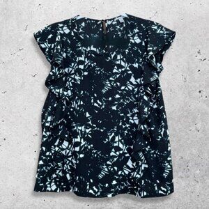 Halogen Floral Blouse‎ Ruffle Sleeves Keyhole Back Closure Black White Women's S